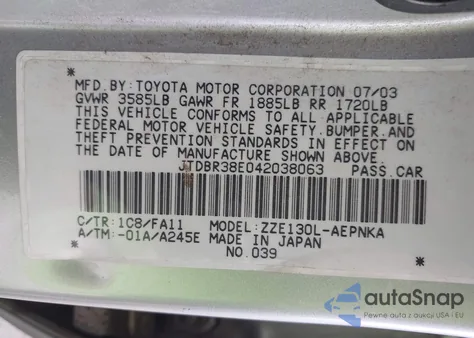 2004 Toyota Corolla Le из США, поврежденный, VIN JTDBR38E042038063